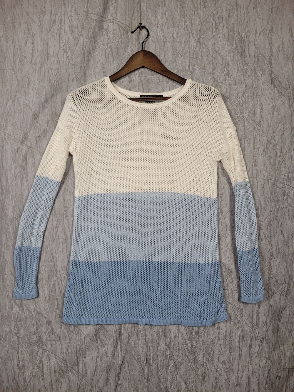 Pendleton Sweater Womens Small Cream Blue Colorblock Open Knit Long Sleeve
